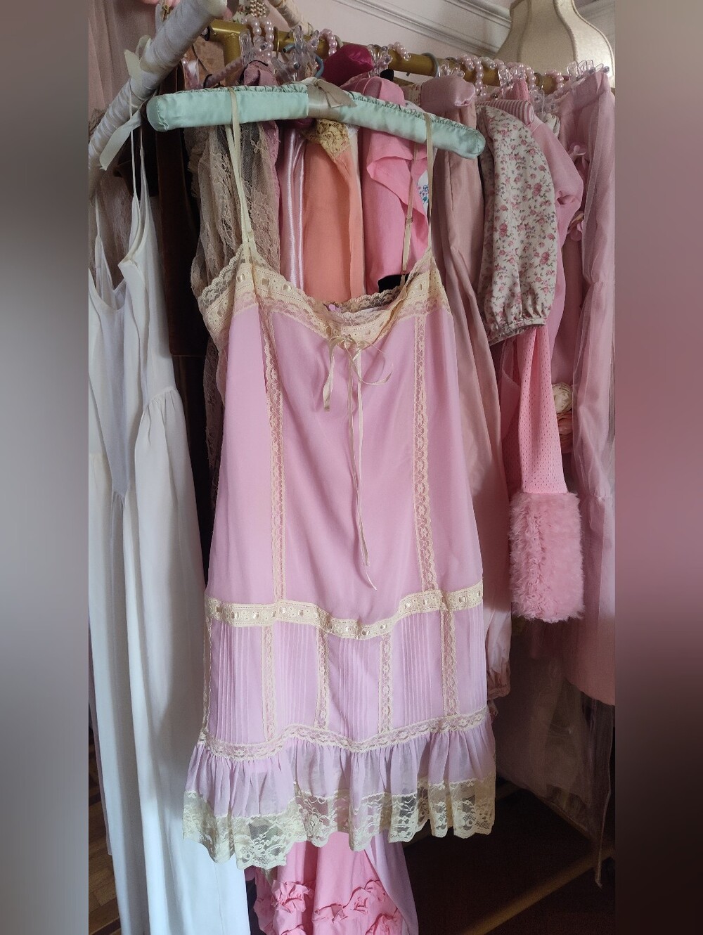 Vintage style Pink Lace Trim 100% silk antique inspired 1920s style slip dress